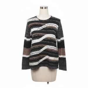 Striped Knit Sweater Black Brown White Crew Neck Long Sleeve